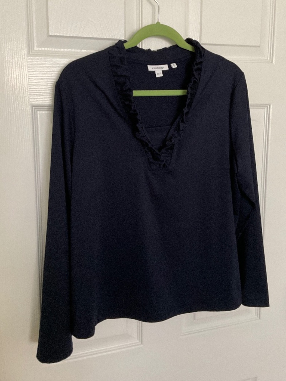 Dark Navy Blue long sleeve top.  Like new. Chicos size 2 (large) Ruffled neck.